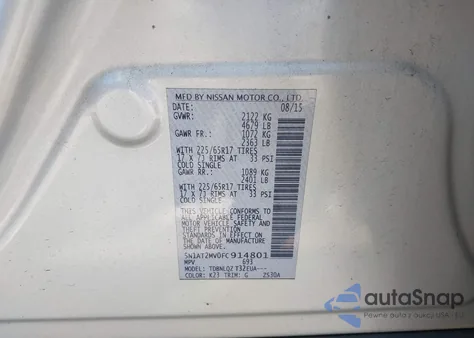 2015 Nissan Rogue Sv z USA, uszkodzony, nr VIN 5N1AT2MV0FC914801